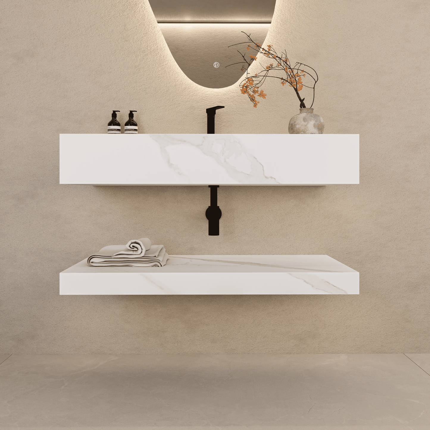 32" Hotel Style White Carrara Floating Vanity – Marble-Look Stone