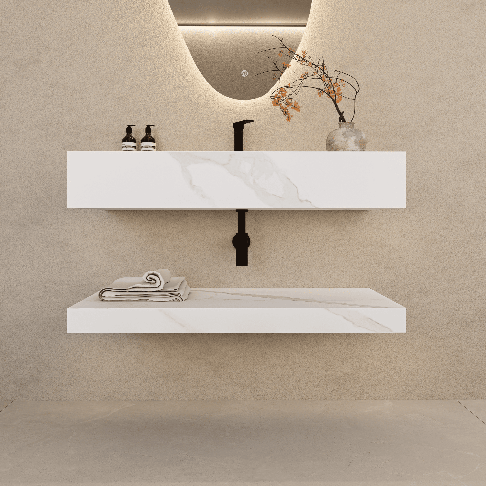 32" Hotel Style White Carrara Floating Vanity – Marble-Look Stone