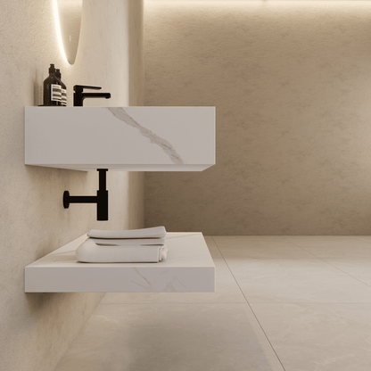 32" Hotel Style White Carrara Floating Vanity – Marble-Look Stone