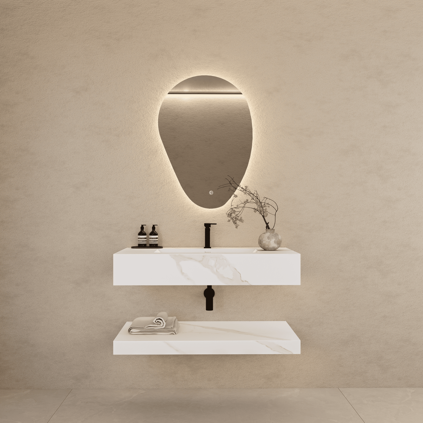 32" Hotel Style White Carrara Floating Vanity – Marble-Look Stone