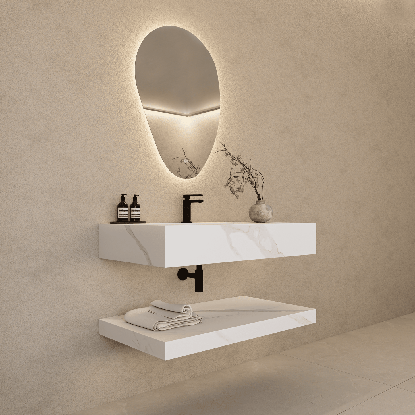 32" Hotel Style White Carrara Floating Vanity – Marble-Look Stone