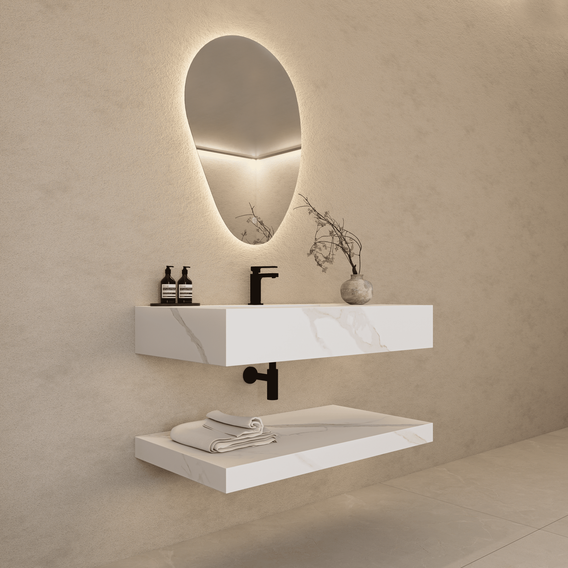 32" Hotel Style White Carrara Floating Vanity – Marble-Look Stone