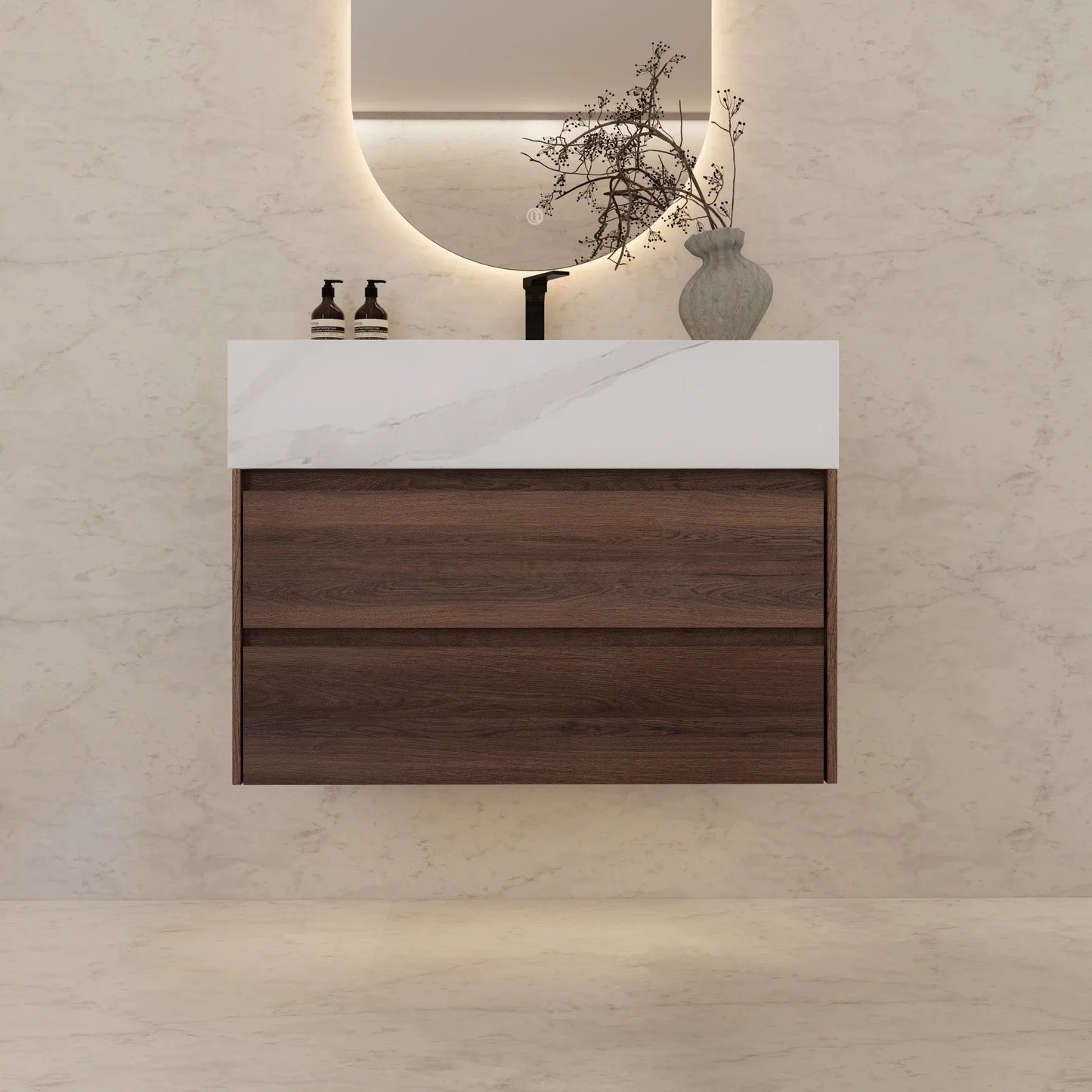 32" Walnut Double Drawers Floating Bathroom Vanity with Sintered Stone Top