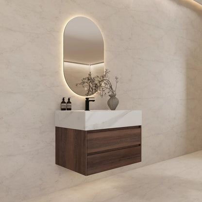 32" Walnut Double Drawers Floating Bathroom Vanity with Sintered Stone Top