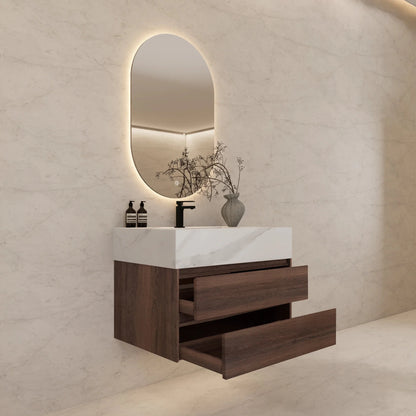 32" Walnut Double Drawers Floating Bathroom Vanity with Sintered Stone Top
