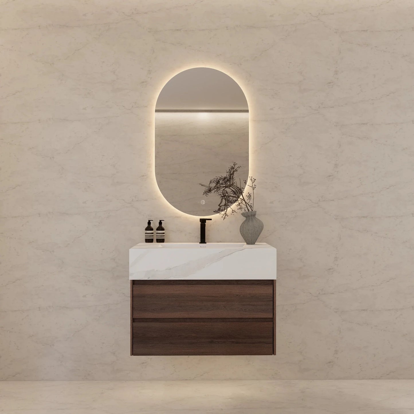 32" Walnut Double Drawers Floating Bathroom Vanity with Sintered Stone Top