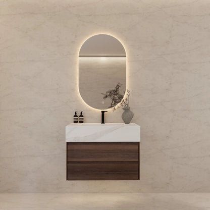 32" Walnut Double Drawers Floating Bathroom Vanity with Sintered Stone Top