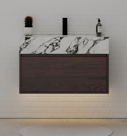32" Walnut Single Sink Floating Bathroom Vanity with Sintered Stone Top