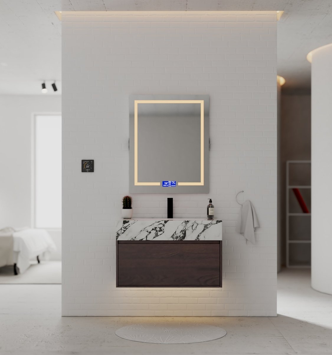 32" Walnut Single Sink Floating Bathroom Vanity with Sintered Stone Top