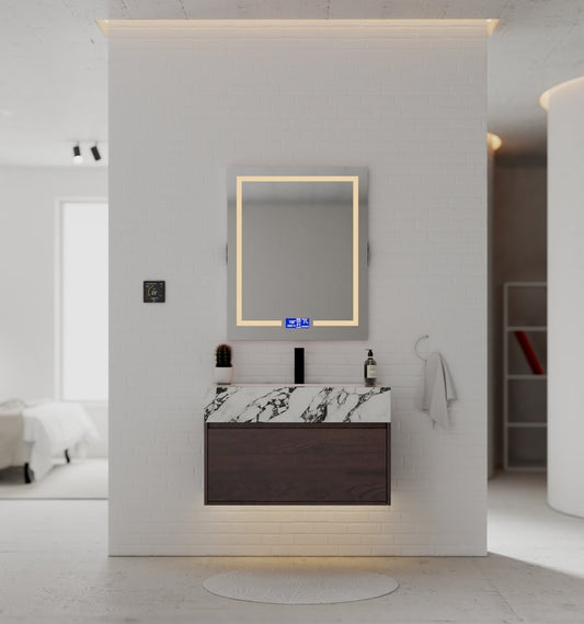 32" Walnut Single Sink Floating Bathroom Vanity with Sintered Stone Top