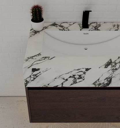 32" Walnut Single Sink Floating Bathroom Vanity with Sintered Stone Top