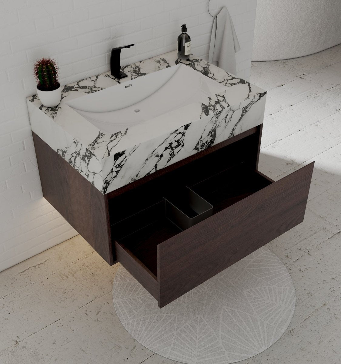 32" Walnut Single Sink Floating Bathroom Vanity with Sintered Stone Top