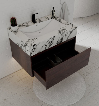 32" Walnut Single Sink Floating Bathroom Vanity with Sintered Stone Top