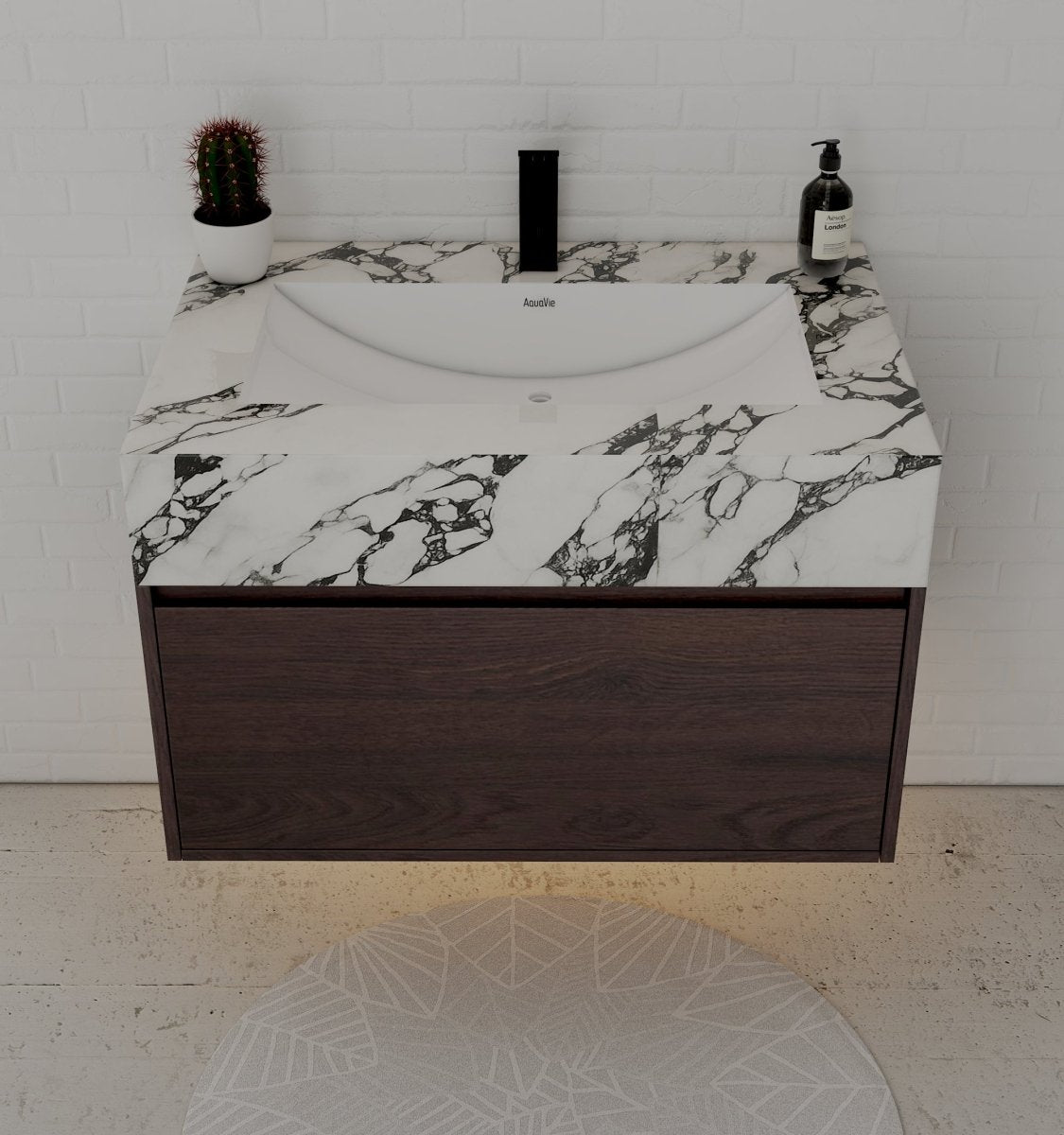 32" Walnut Single Sink Floating Bathroom Vanity with Sintered Stone Top