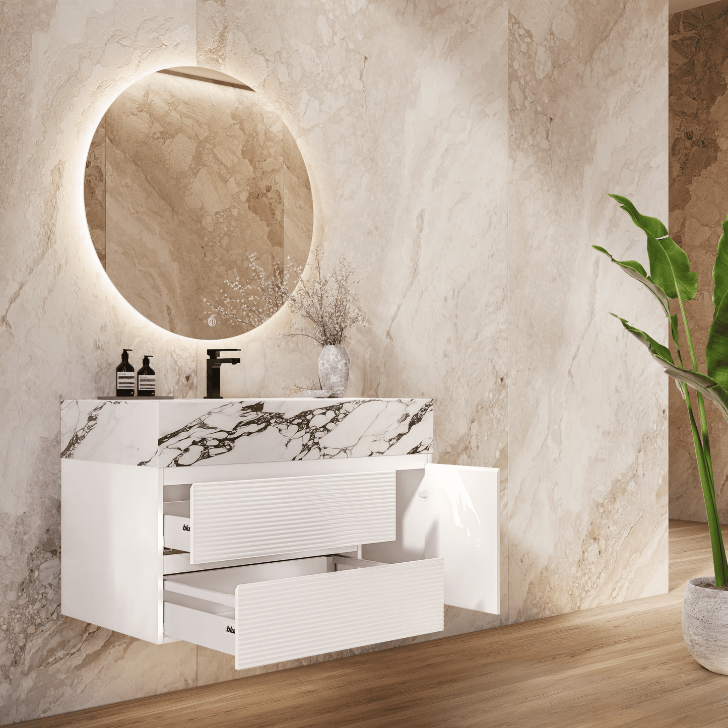 32" / 48"White Fluted Floating Vanity with Seamless Stone Sink