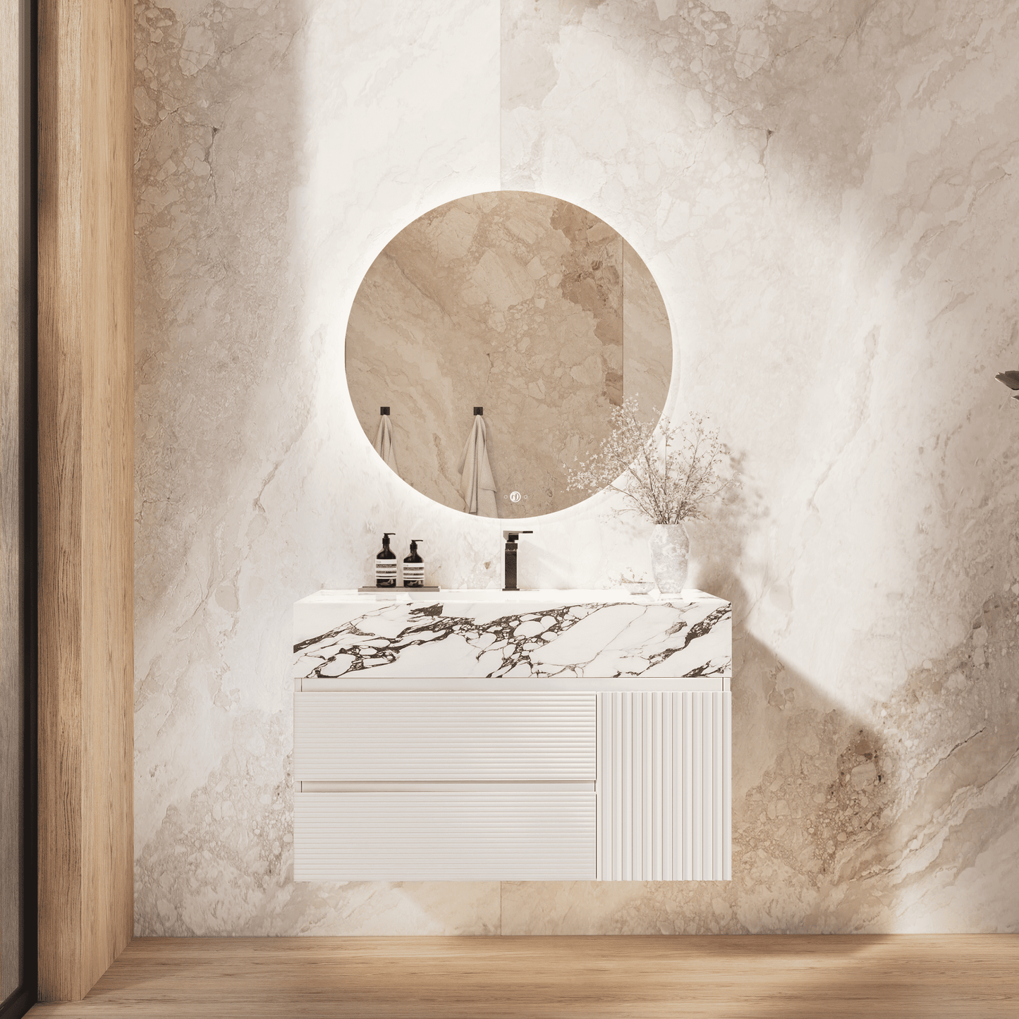 32" / 48"White Fluted Floating Vanity with Seamless Stone Sink