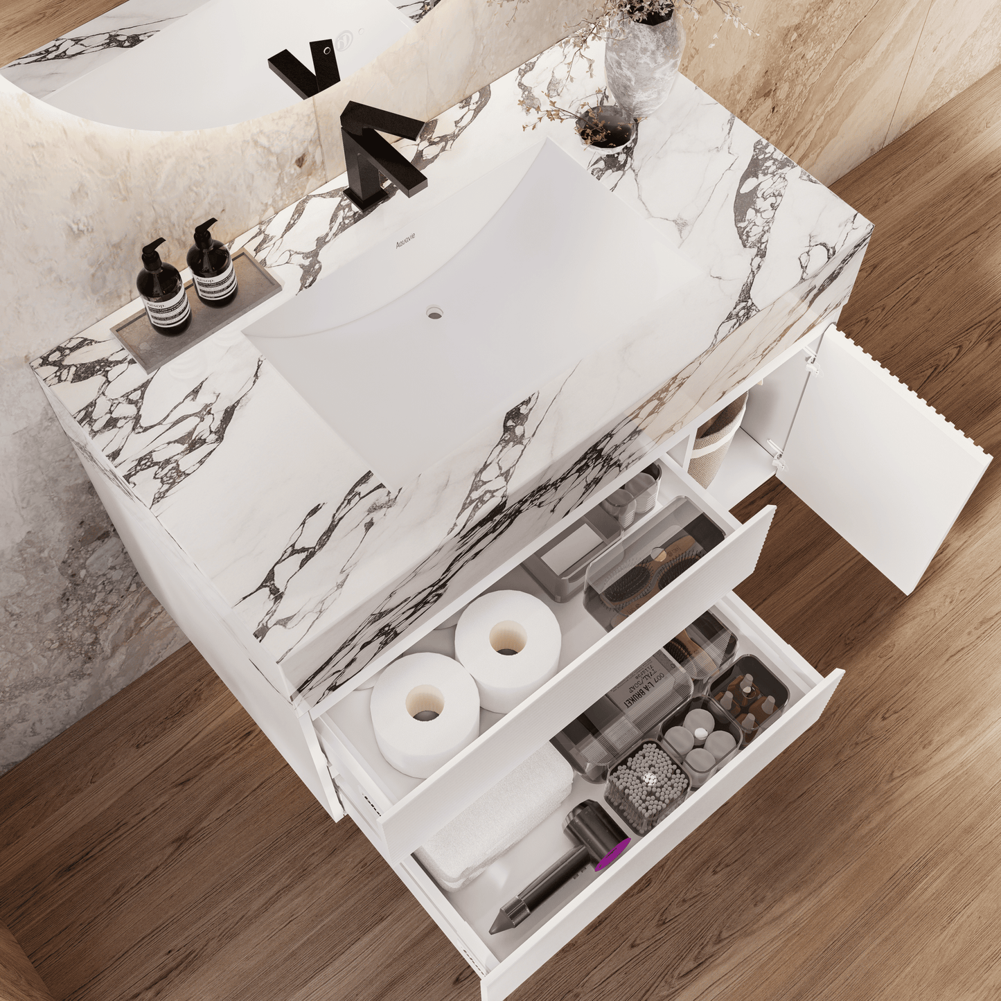 32" / 48"White Fluted Floating Vanity with Seamless Stone Sink