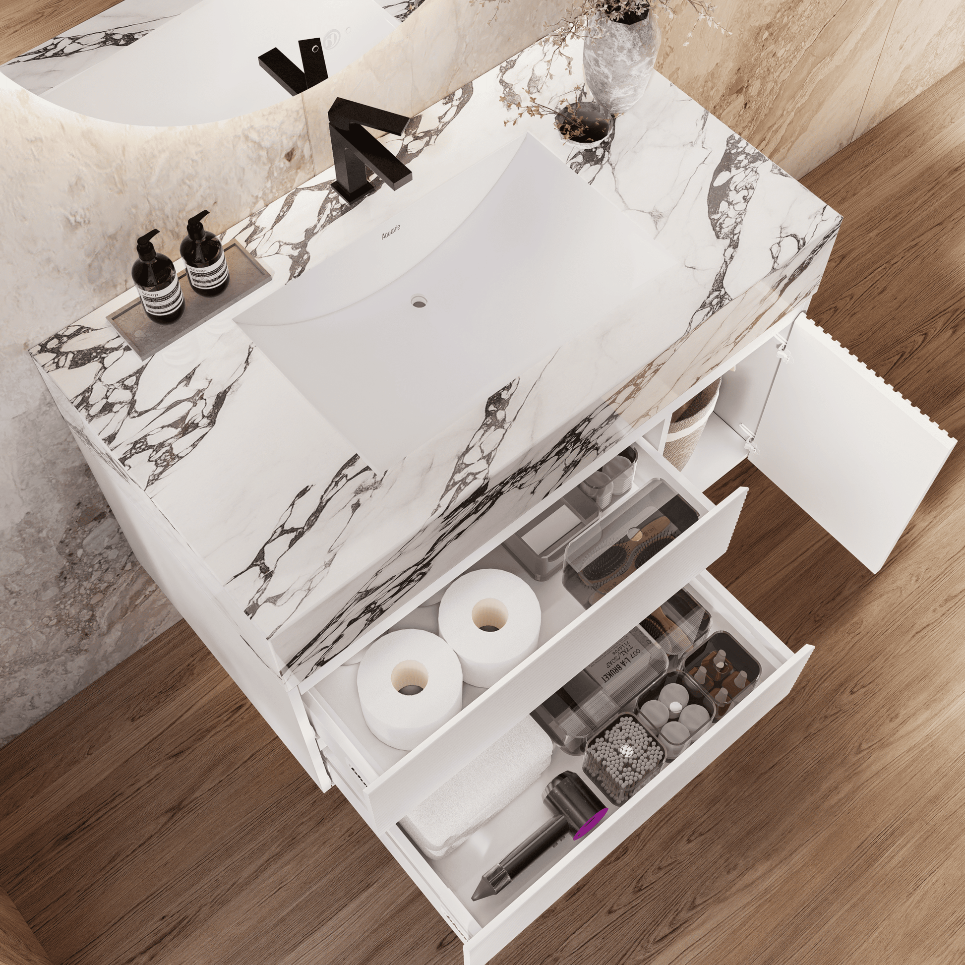 32" / 48"White Fluted Floating Vanity with Seamless Stone Sink
