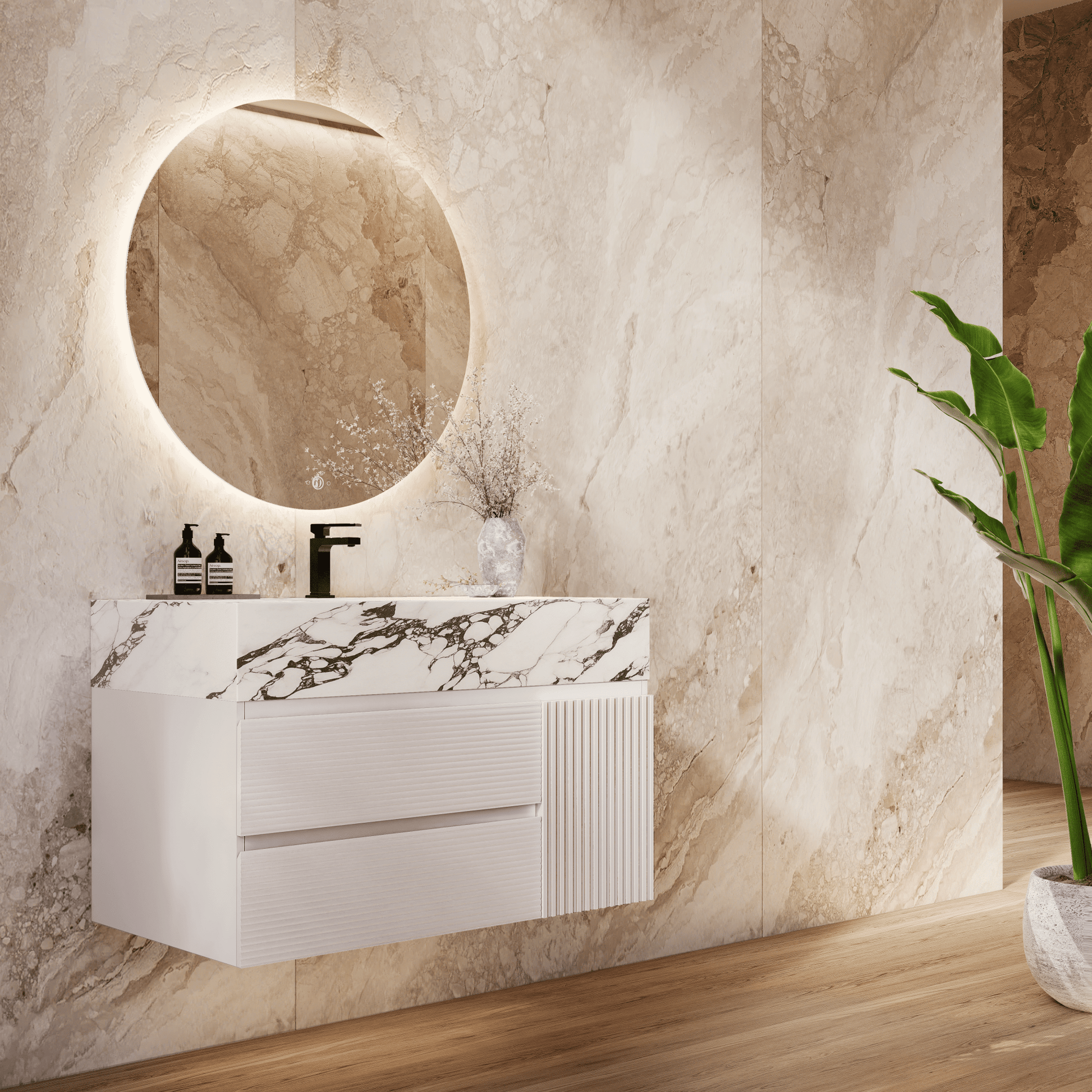 32" / 48"White Fluted Floating Vanity with Seamless Stone Sink
