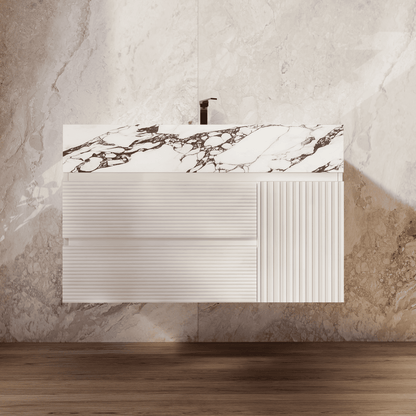 32" / 48"White Fluted Floating Vanity with Seamless Stone Sink
