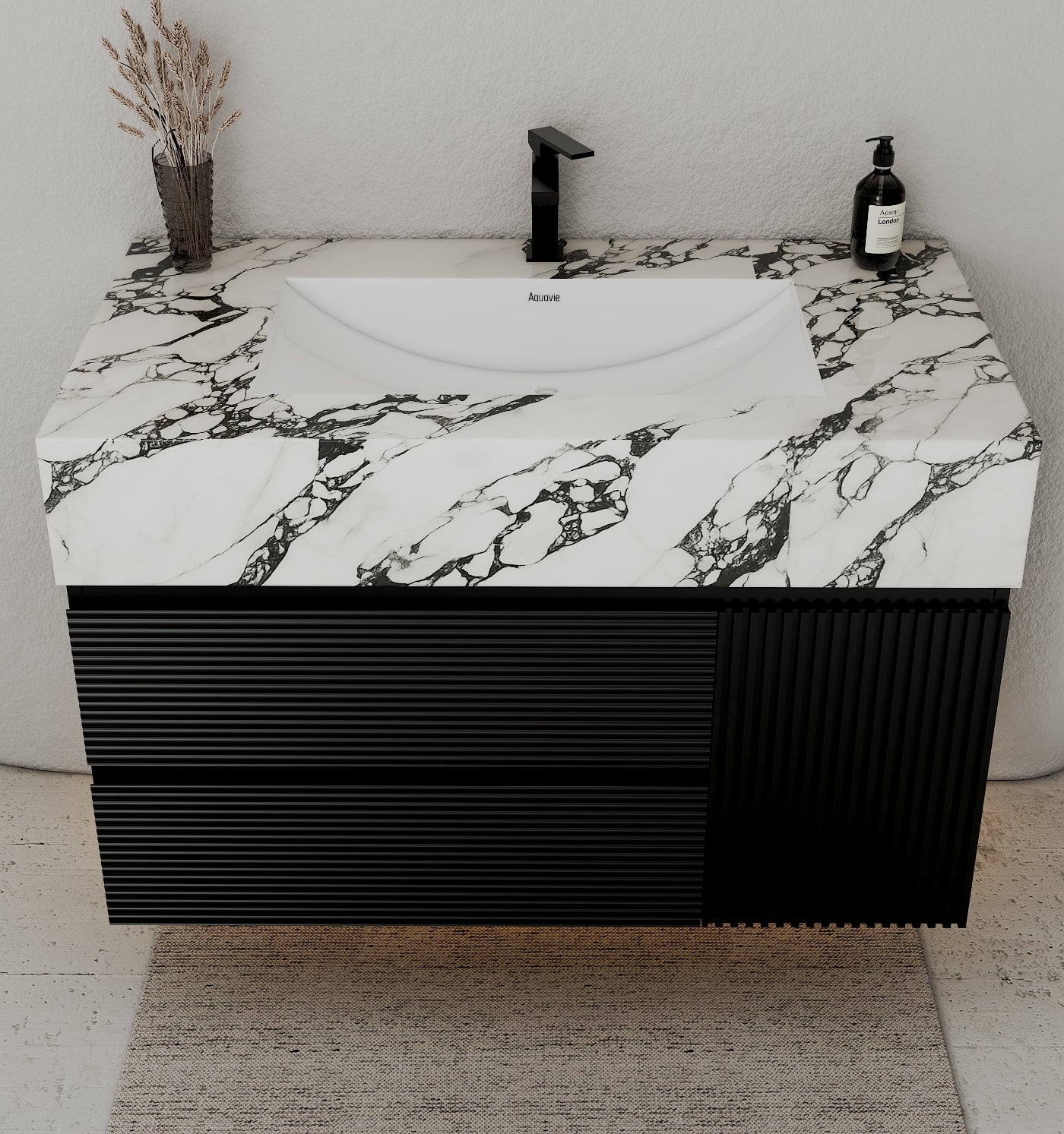 32"–48" Black Fluted Floating Vanity with Seamless Stone Sink