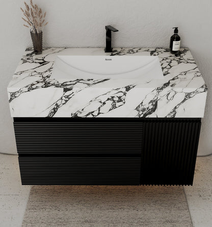 32"–48" Black Fluted Floating Vanity with Seamless Stone Sink