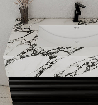 32"–48" Black Fluted Floating Vanity with Seamless Stone Sink