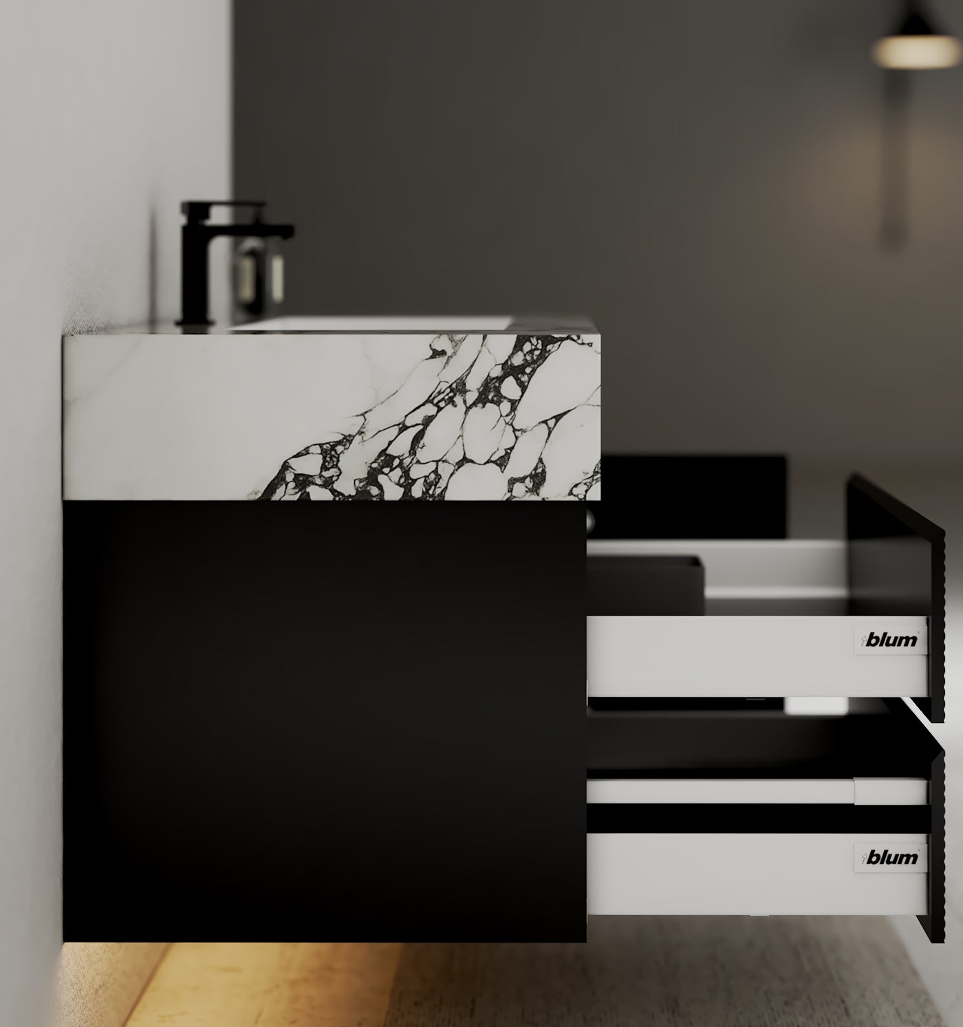 32"–48" Black Fluted Floating Vanity with Seamless Stone Sink