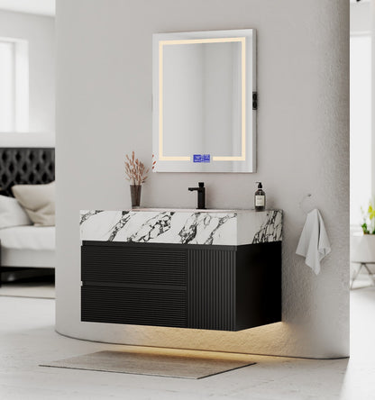 32"–48" Black Fluted Floating Vanity with Seamless Stone Sink