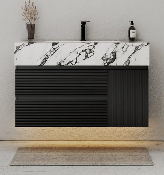 32"–48" Black Fluted Floating Vanity with Seamless Stone Sink
