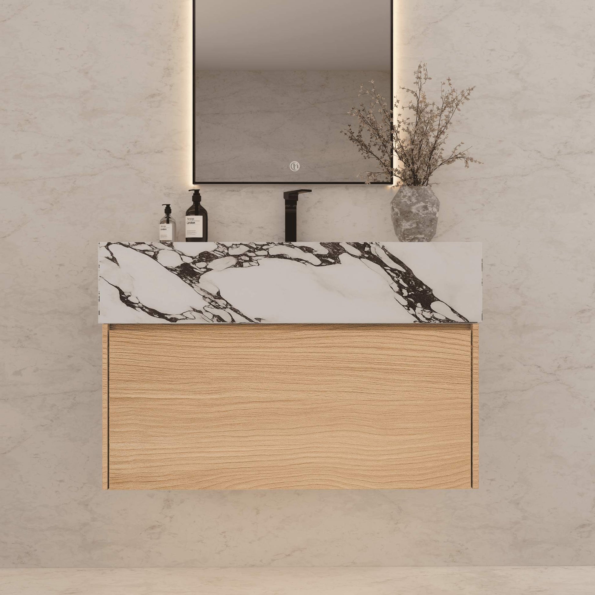 32"/ 36"/40"Nature Oak Single Sink Floating Bathroom Vanity with Sintered Stone Top