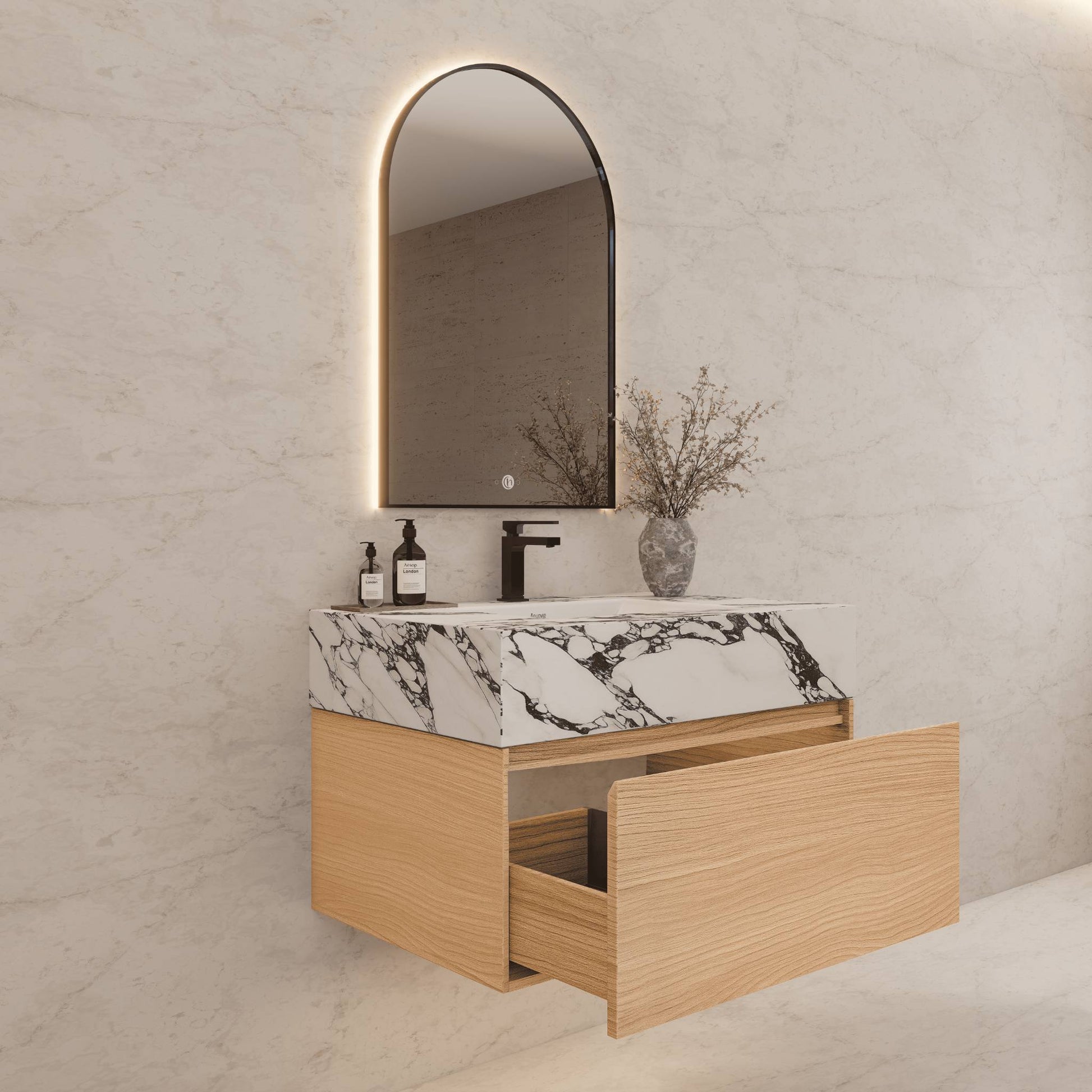 32"/ 36"/40"Nature Oak Single Sink Floating Bathroom Vanity with Sintered Stone Top