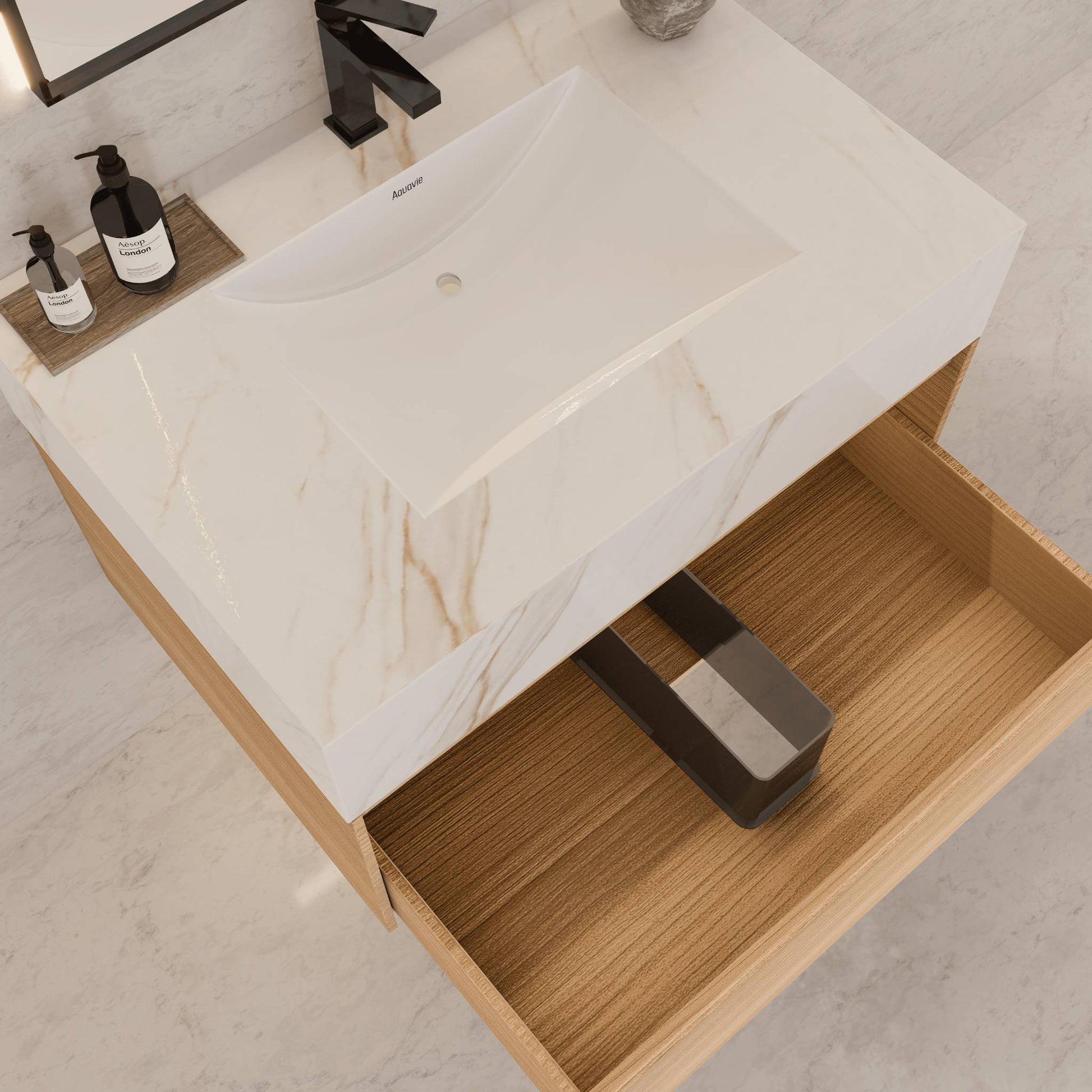 32"/ 36"/40"Nature Oak Single Sink Floating Bathroom Vanity with Sintered Stone Top