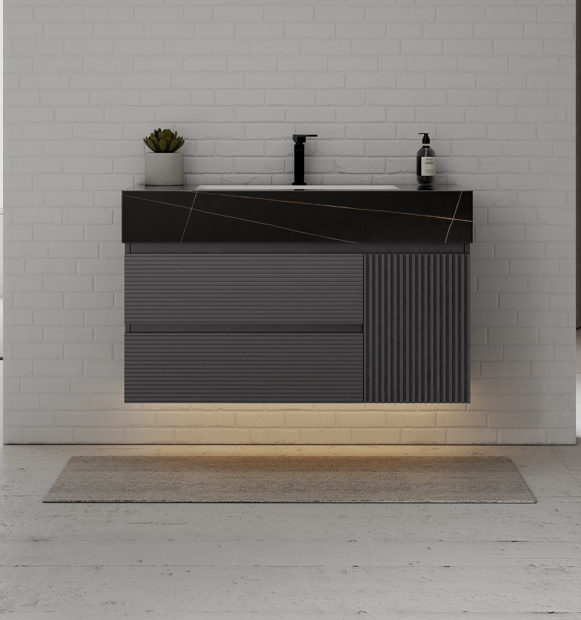 40"/ 48" Dark Grey Fluted Floating Vanity with Seamless Stone Sink