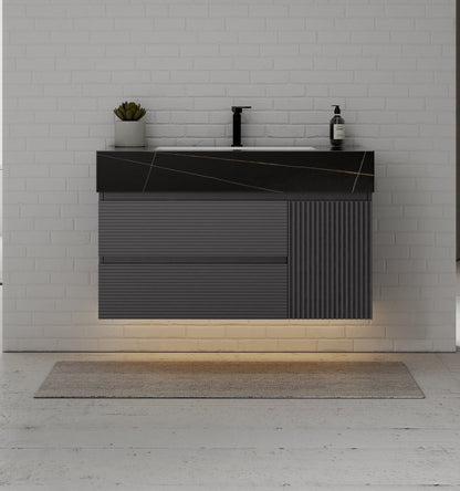 40"/ 48" Dark Grey Fluted Floating Vanity with Seamless Stone Sink