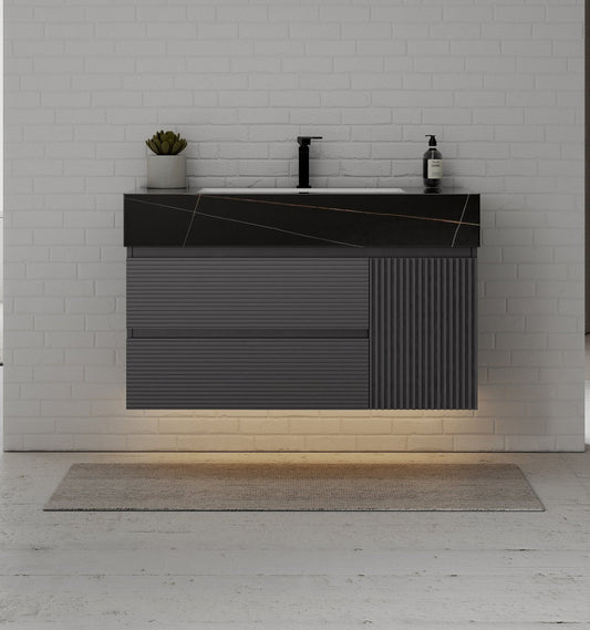 40"/ 48" Dark Grey Fluted Floating Vanity with Seamless Stone Sink