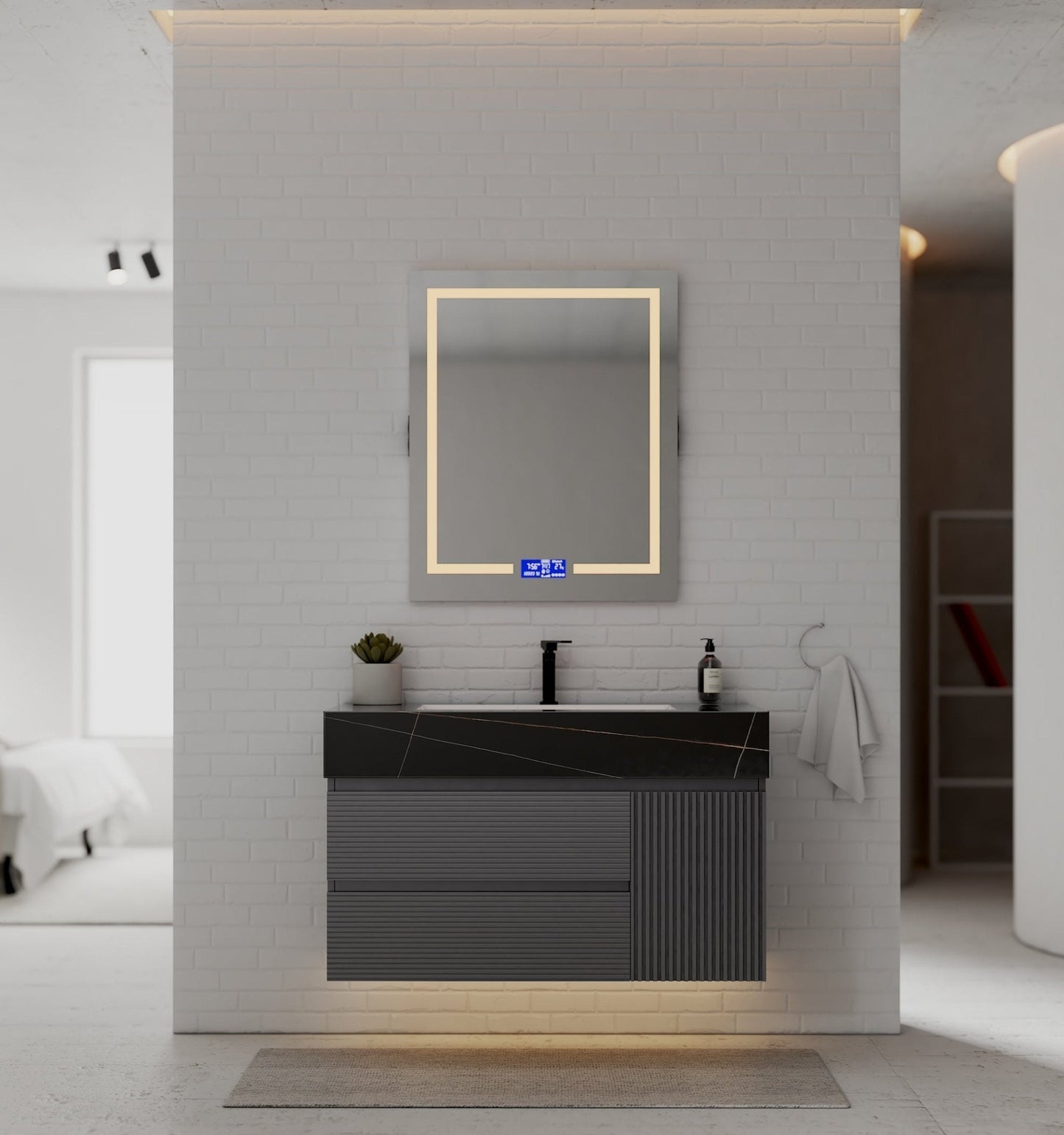 40"/ 48" Dark Grey Fluted Floating Vanity with Seamless Stone Sink