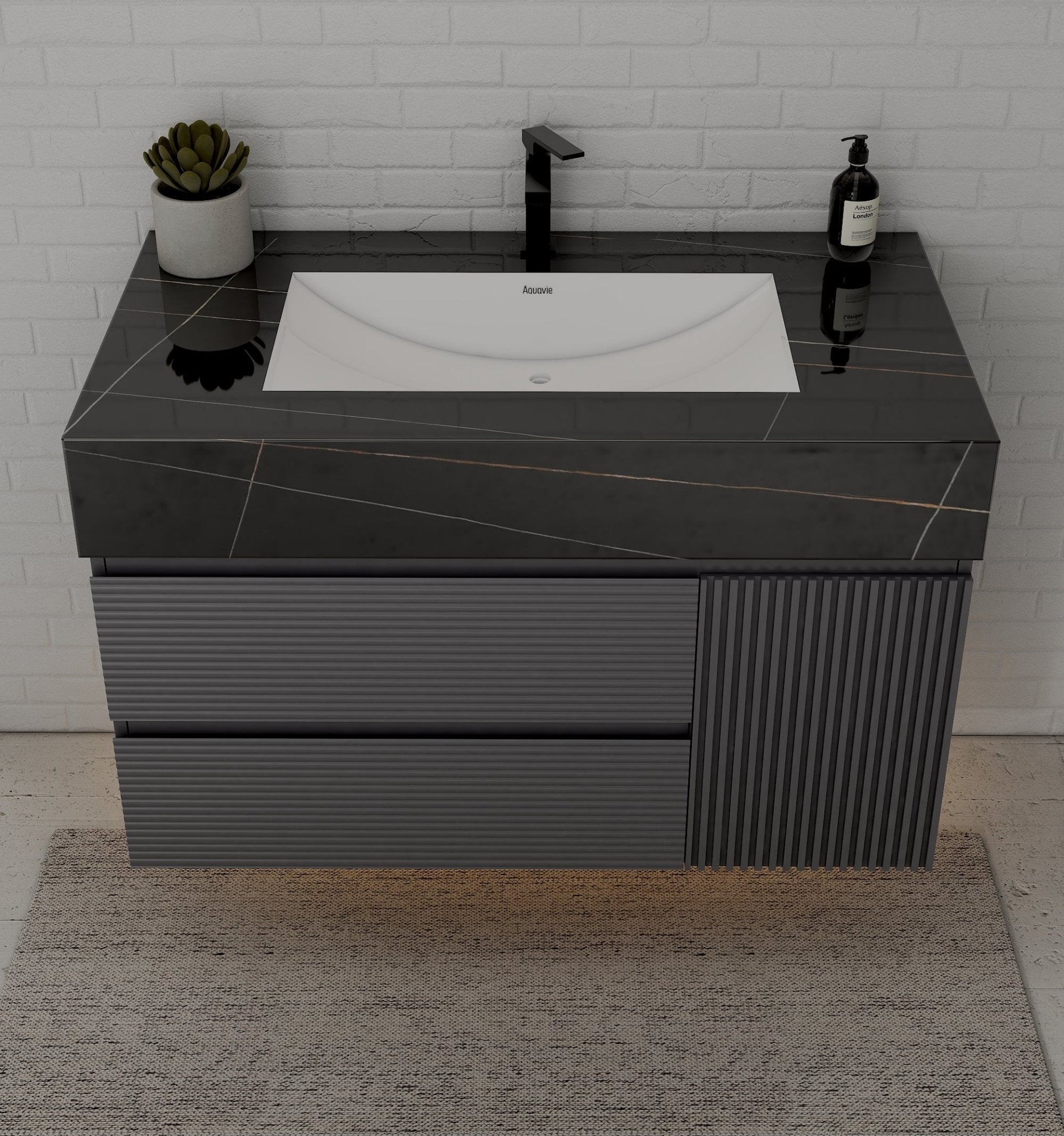 40"/ 48" Dark Grey Fluted Floating Vanity with Seamless Stone Sink