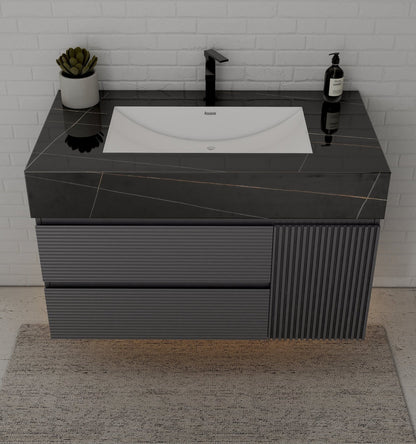 40"/ 48" Dark Grey Fluted Floating Vanity with Seamless Stone Sink