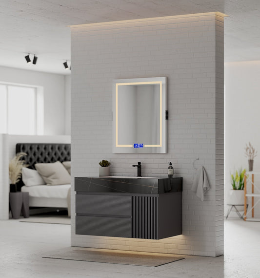 40"/ 48" Dark Grey Fluted Floating Vanity with Seamless Stone Sink