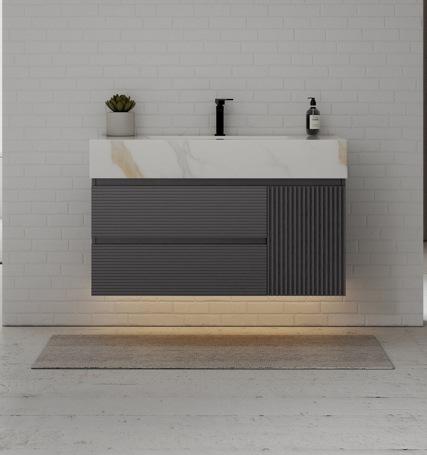 40"/ 48" Dark Grey Fluted Floating Vanity with Seamless Stone Sink