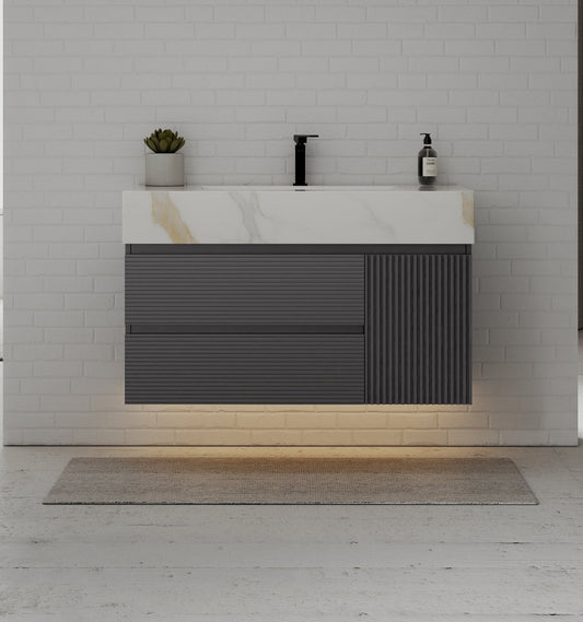 40"/ 48" Dark Grey Fluted Floating Vanity with Seamless Stone Sink