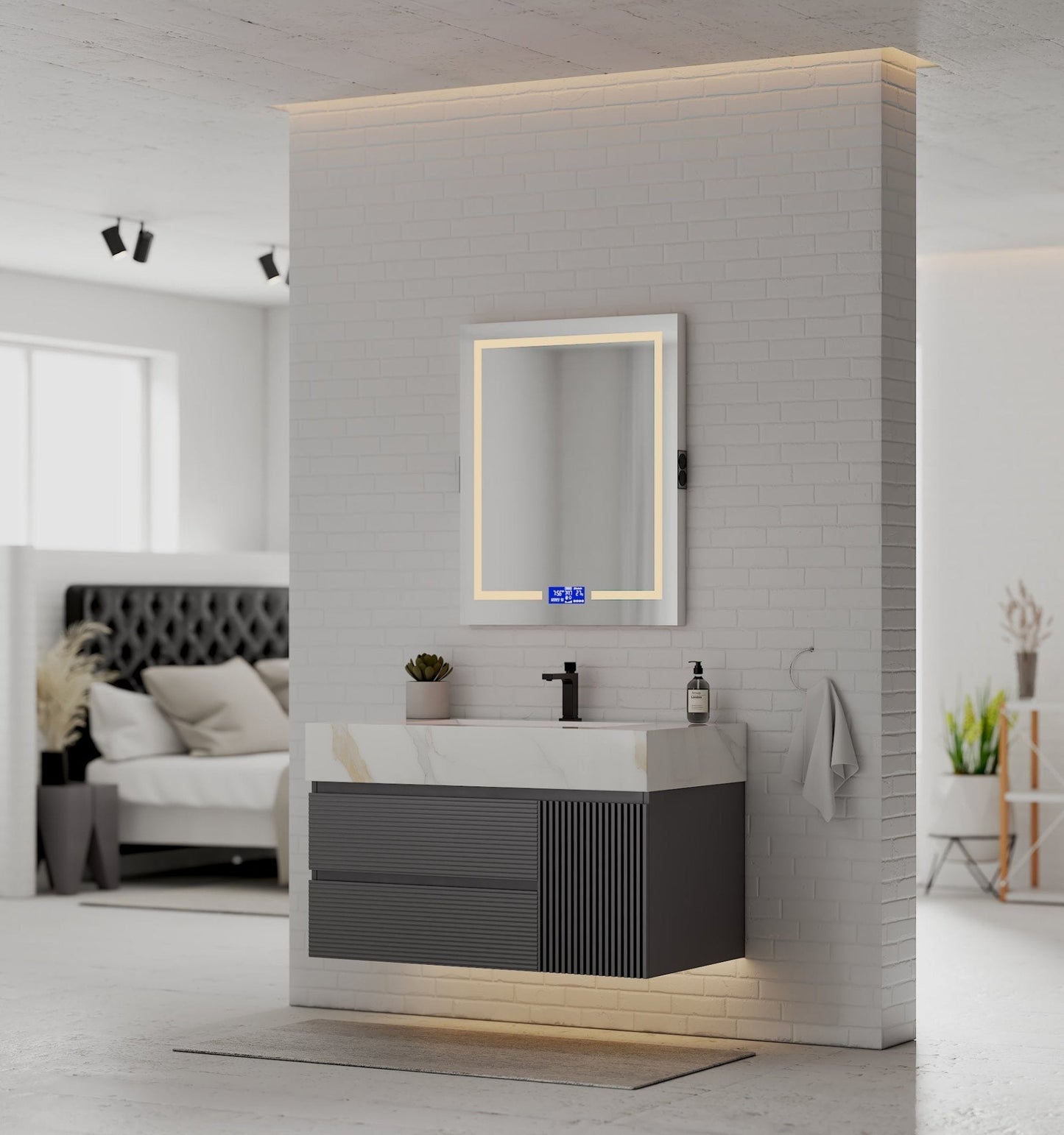 40"/ 48" Dark Grey Fluted Floating Vanity with Seamless Stone Sink
