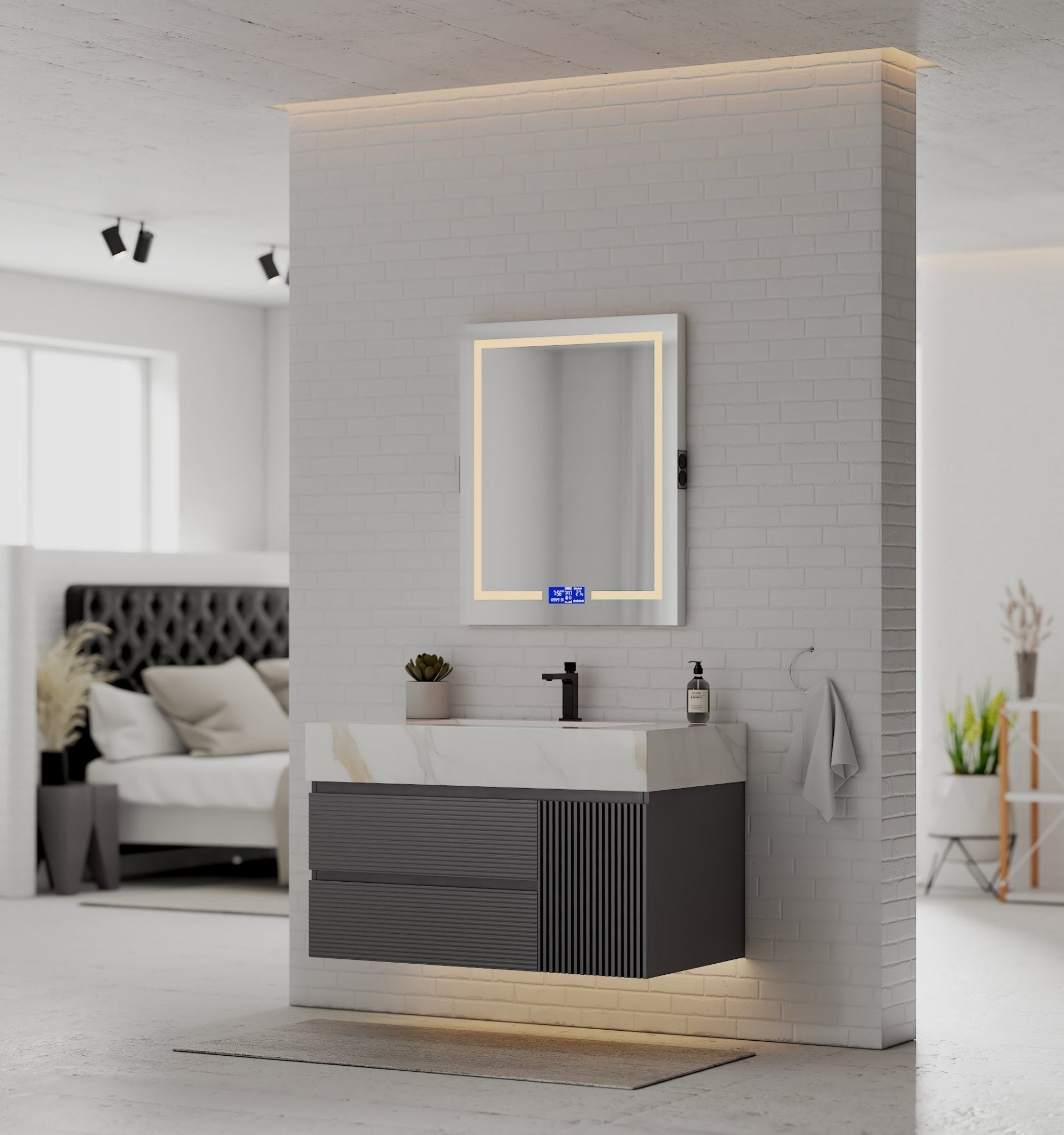 40"/ 48" Dark Grey Fluted Floating Vanity with Seamless Stone Sink
