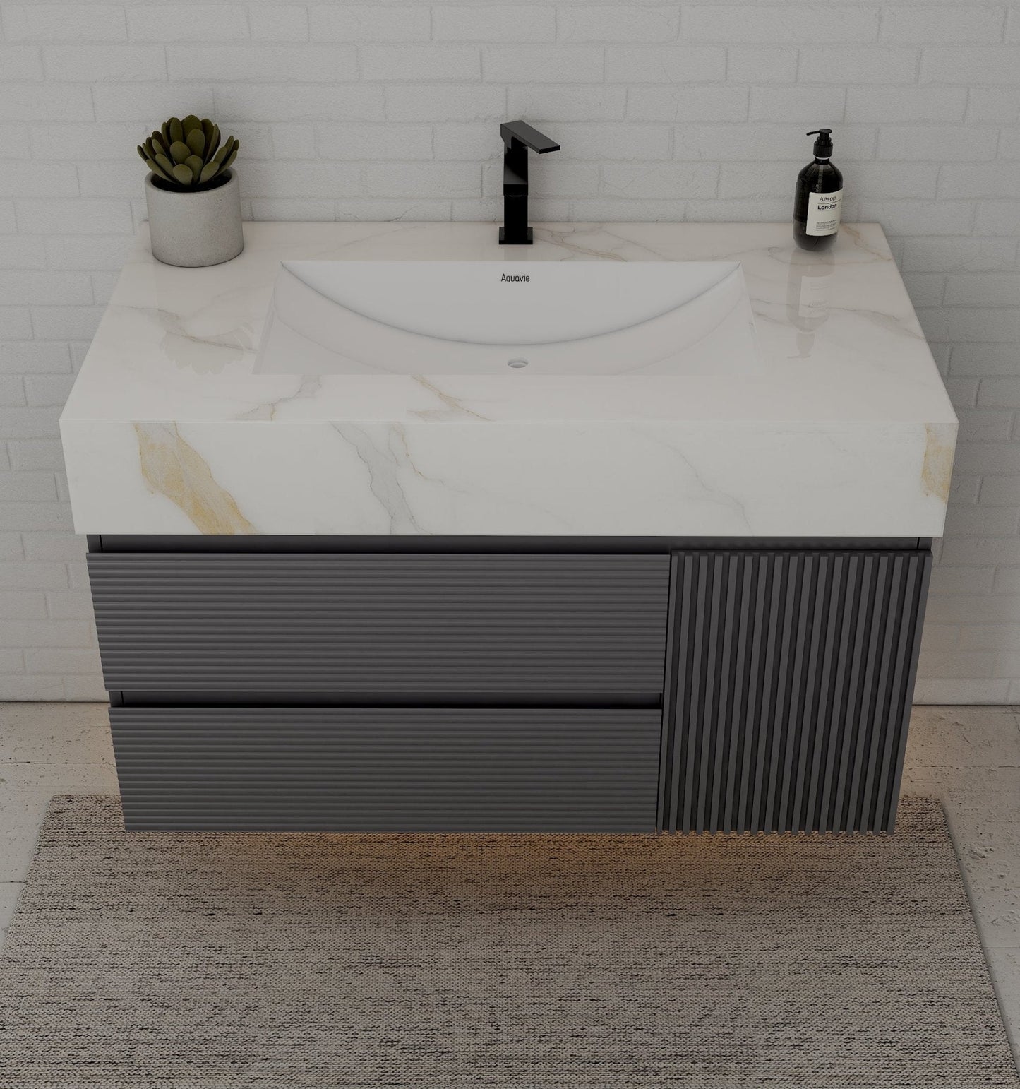 40"/ 48" Dark Grey Fluted Floating Vanity with Seamless Stone Sink