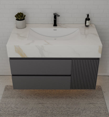 40"/ 48" Dark Grey Fluted Floating Vanity with Seamless Stone Sink