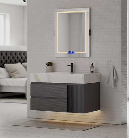 40"/ 48" Dark Grey Fluted Floating Vanity with Seamless Stone Sink