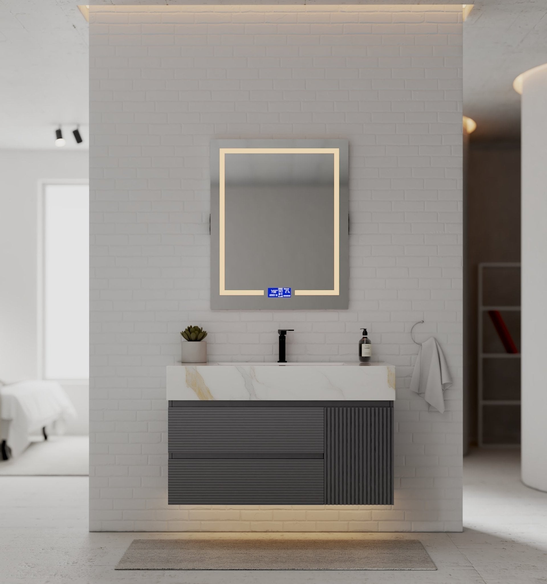 40"/ 48" Dark Grey Fluted Floating Vanity with Seamless Stone Sink