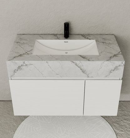 40" Seamless Stone Top with White Fluted Engineered Wood Floating Bathroom Vanity