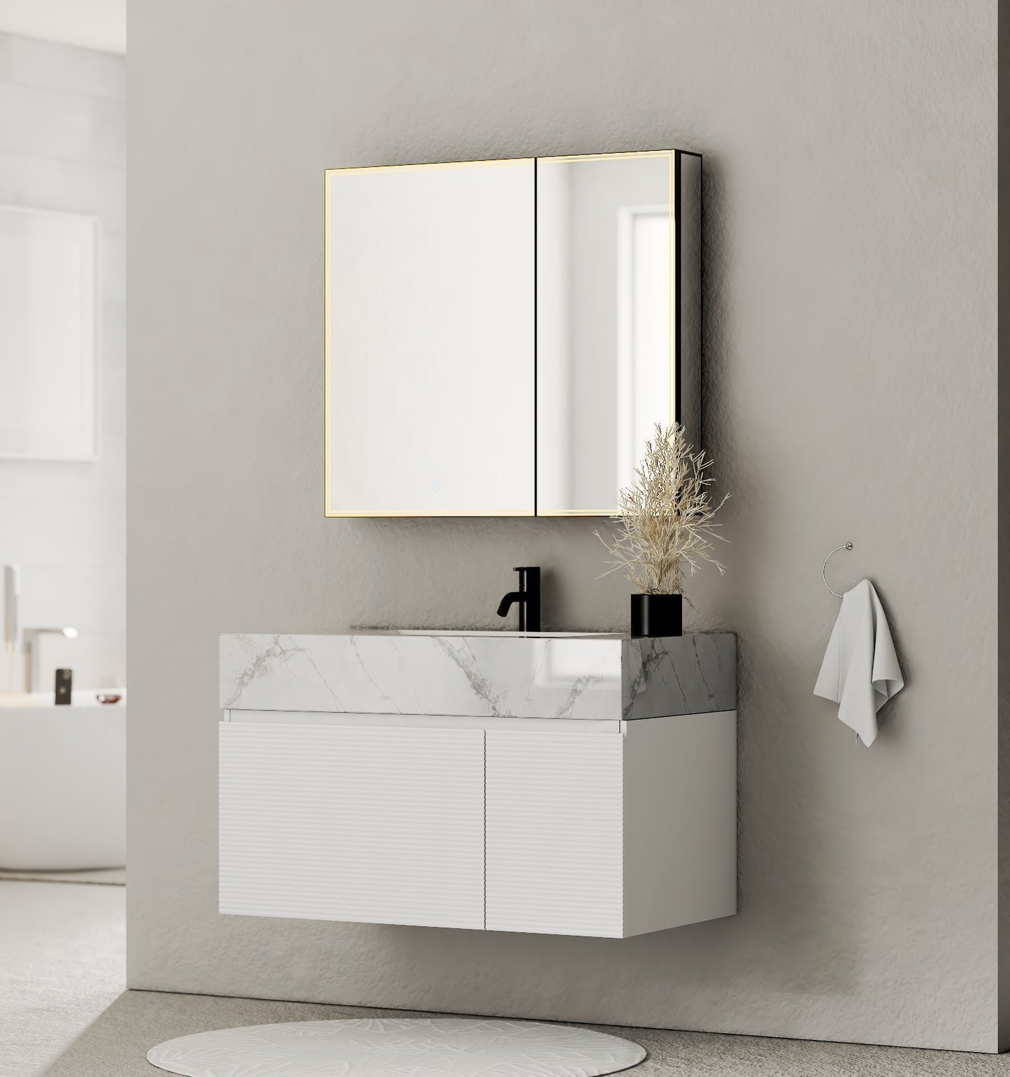40" Seamless Stone Top with White Fluted Engineered Wood Floating Bathroom Vanity